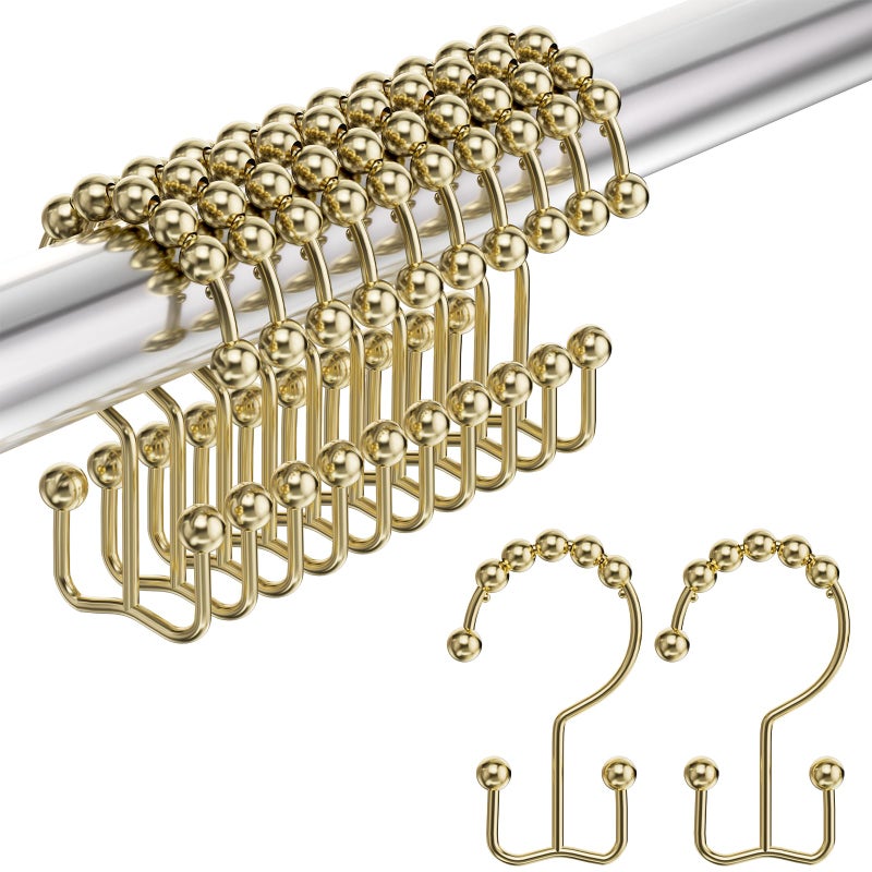 Amazer Gold Shower Curtain Hooks Rings, Stainless Steel Shower Curtain Rings, 12Pcs Double Glide Shower Hooks for Bathroom Shower Curtain Rods Dual Rust-Resistant Shower Rings - Image 1